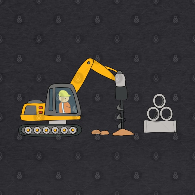 Kids drawing construction site with drill excavator with pile of huge pipes by wordspotrayal